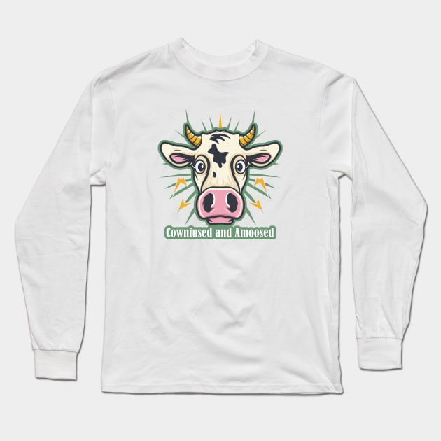 Cownfused and Amoosed Fun Design - Surprised Cow Long Sleeve T-Shirt by PureJoyCraft